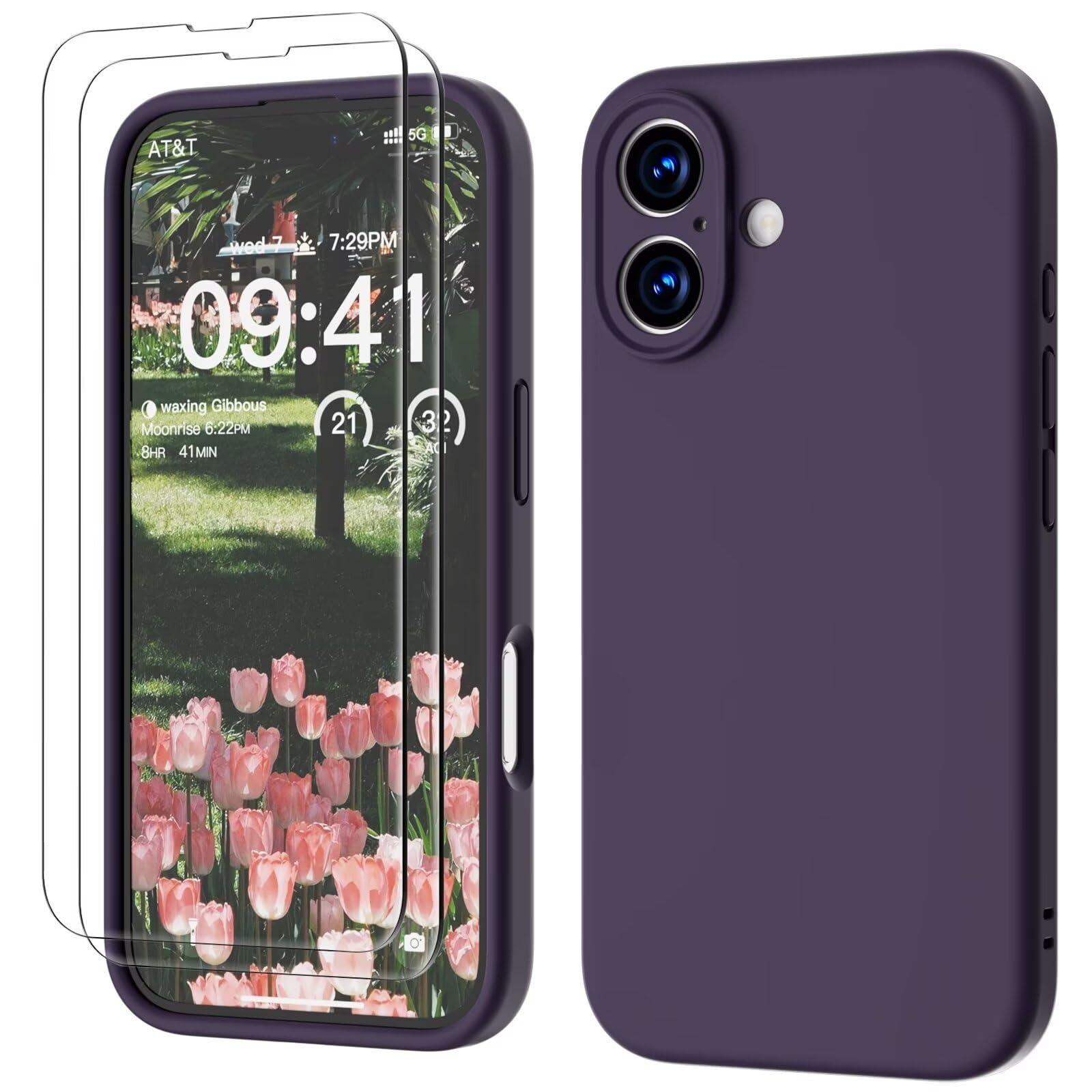 GOODVISH 3 in 1 Silicone Cover per iPhone 16 6.1", Custodia con 2 Pellicola Vetro Temperato [Protezione Fotocamera] 360° Protezione Anticaduta Case per Cellulare Antiurto Resistente, Viola Scuro