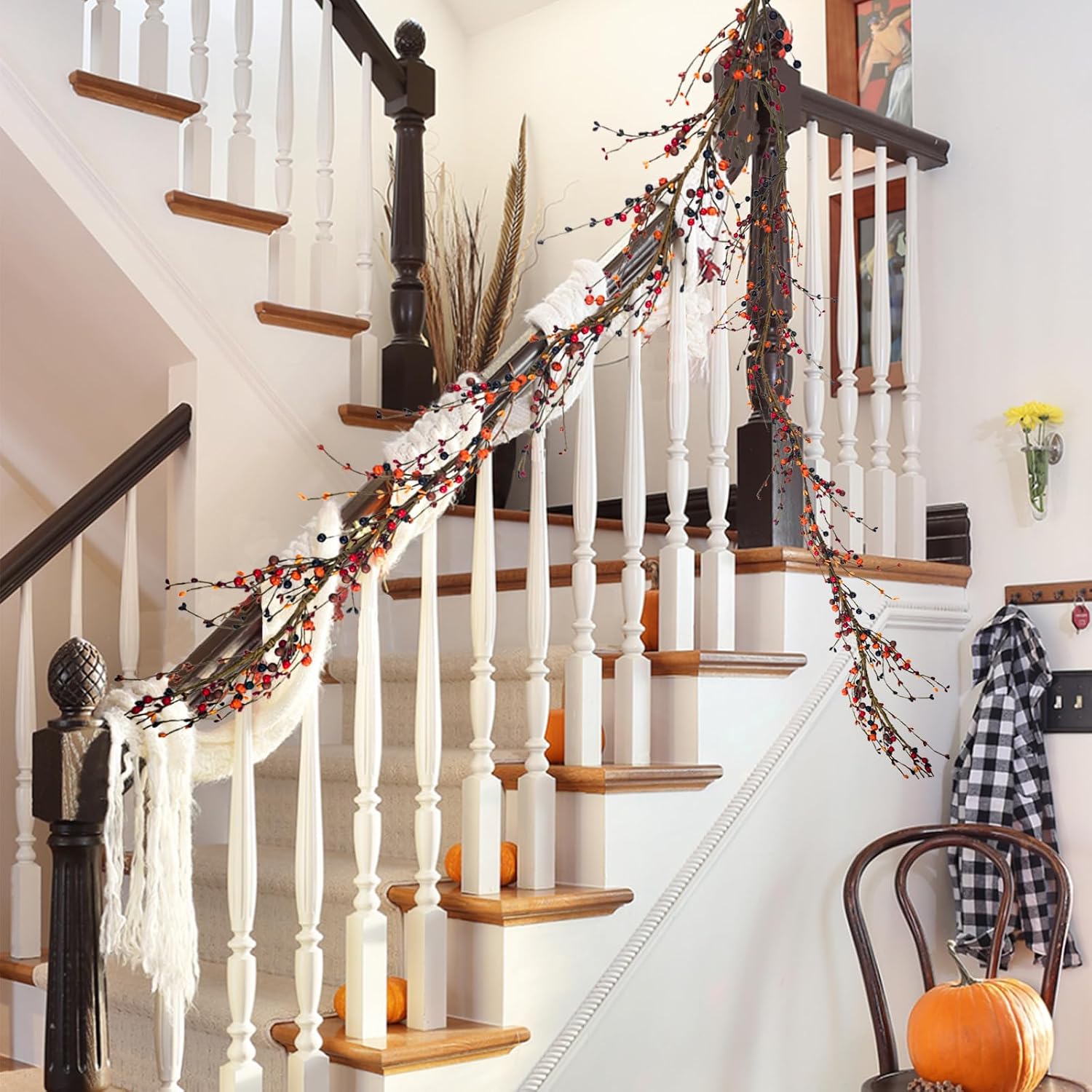 4.2 FT Fall Berry Garland - Artificial Orange Stems and Autumn Vine for Mantel, Fireplace, Christmas Tree, Front Door, Thanksgiving Table Decor