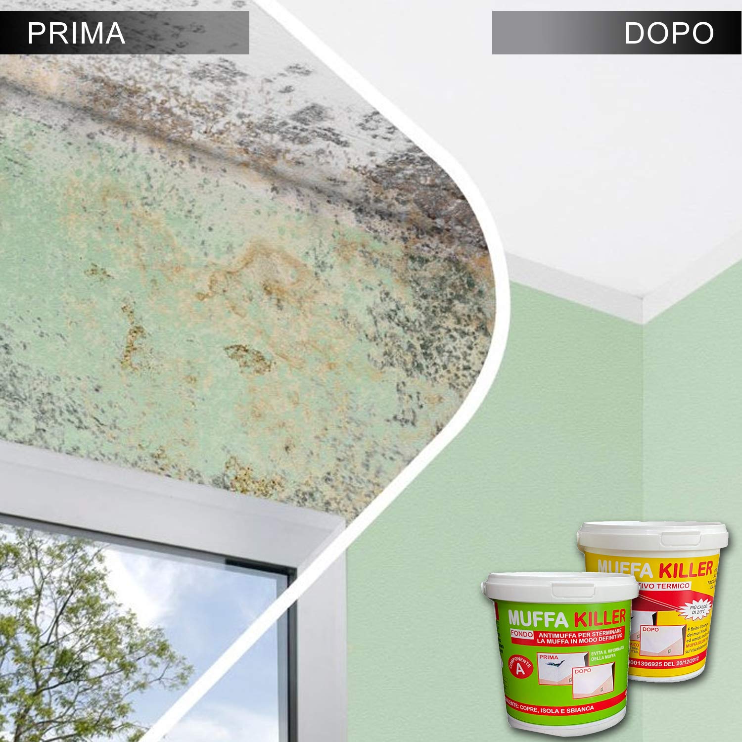 MASTERBRICO Kit Antimuffa Muffa Killer componente A+B da 1 litro + 1 litro, pittura antimuffa per interni per eliminare definitivamente la muffa dai muri
