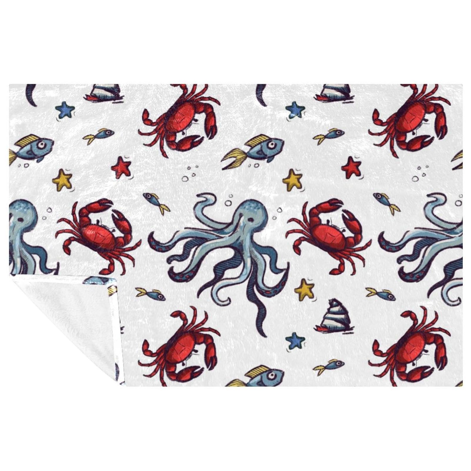 Couverture crabe et poulpe imprimée 150x100 cm pour lit et canapé