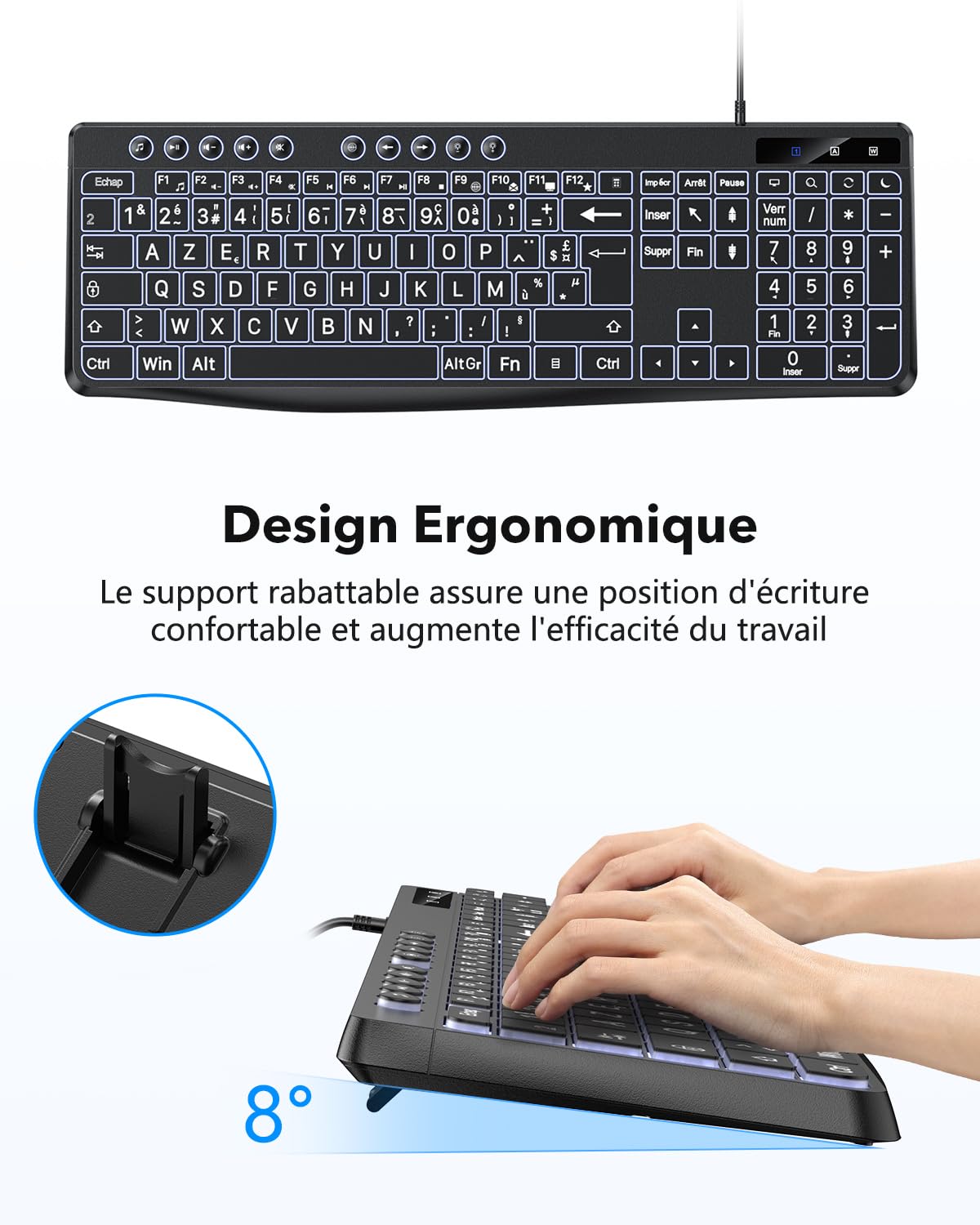 OMOTON Clavier Rétro-éclairé AZERTY, Clavier Filaire avec Grande Touches et pavé Numérique, Keyboard Facile à Lire Compatible PC Windows pour Les Malvoyants, Seniors, Enfants, Bureau et Usage
