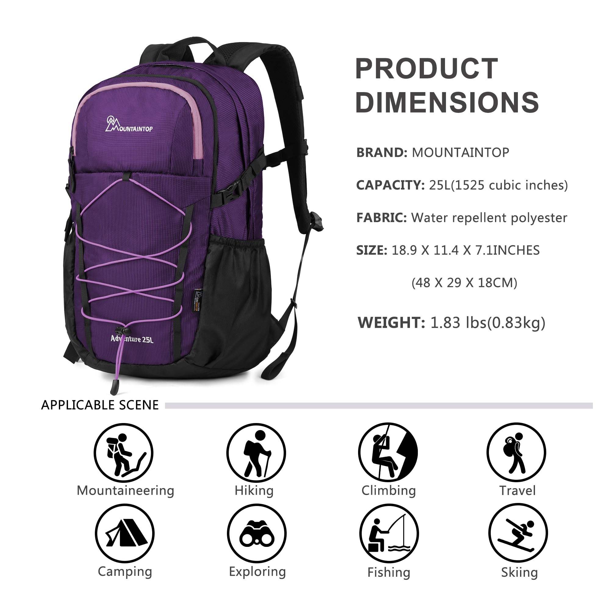 Mountaintop Sac à dos de trekking 25 l/30 l pour homme et femme avec housse de pluie pour la randonnée, 25 l - Violet, 25L, Pour l'extérieur