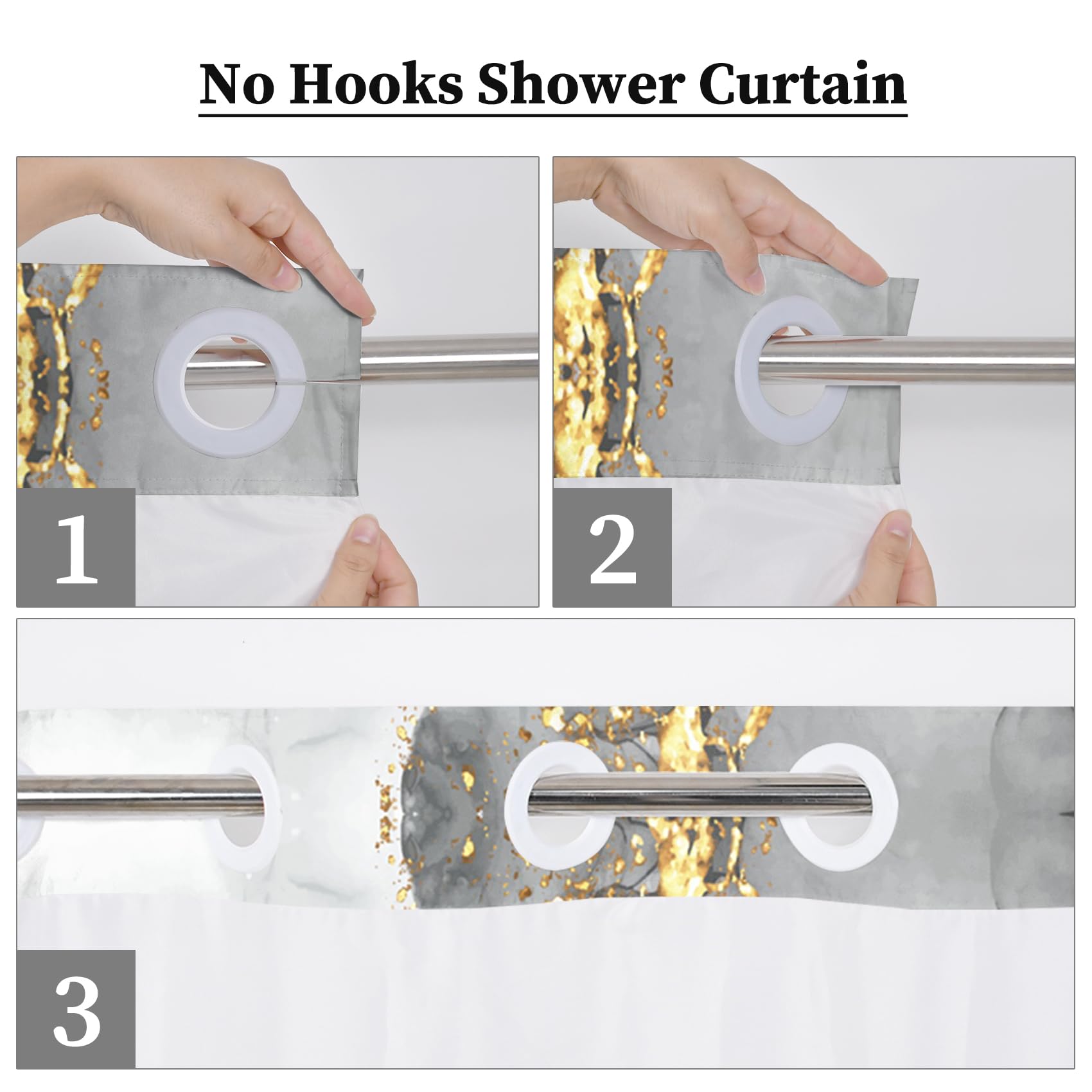 Ttincceer Hook-less Shower Curtain with Snap in Fabric Liners Grey Gold Marble No Hooks Shower Curtains Waterproof Luxury Double Layer Bathroom Curtain with See Through Top Window 71x86inch - Image 3