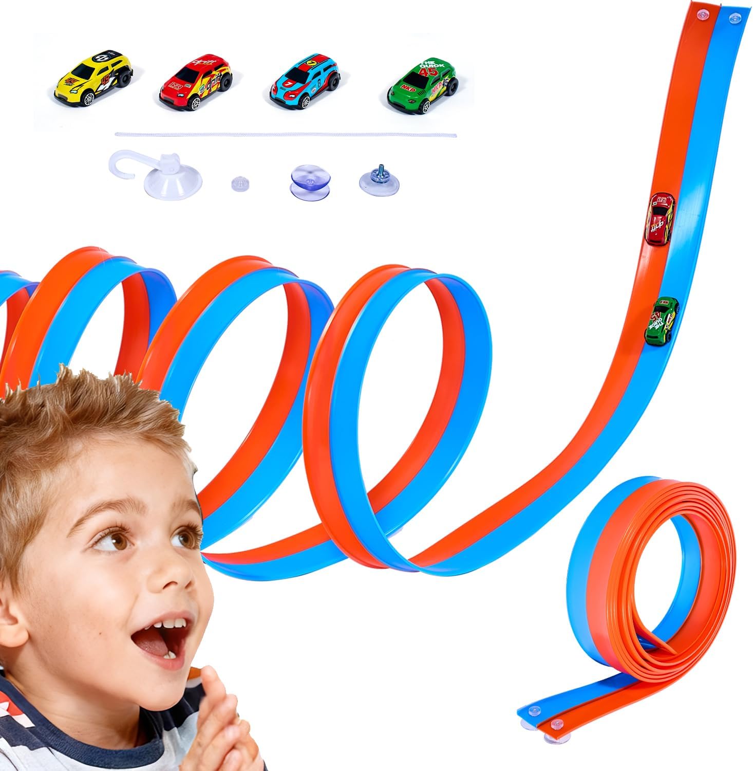20-Foot Flexible Two-Color Racetrack with Suction Cup is a Portable Roll-up DIY Racetrack with Four 1/64 Die-cast Cars. Suitable for Boys and Girls Ages 3+.