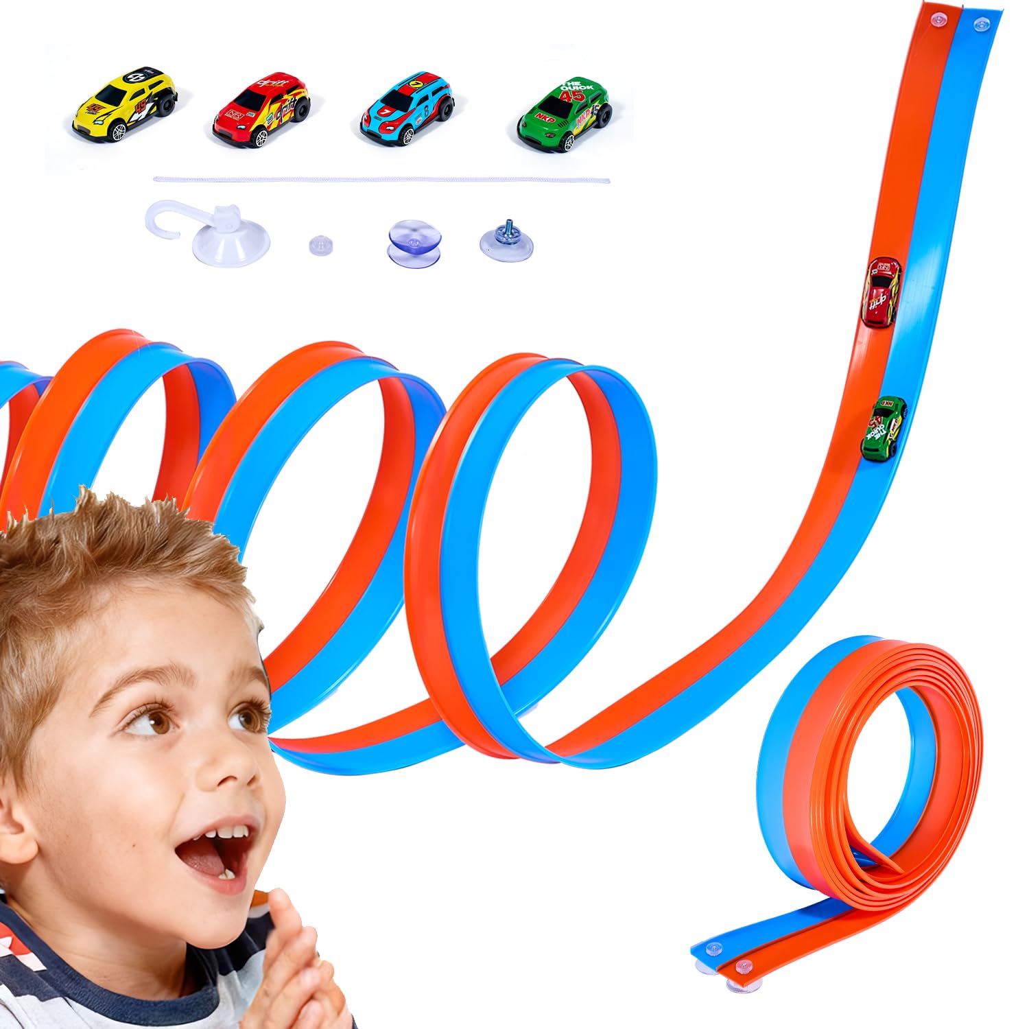 Circuit de Voiture Flexible 6M avec Ventouses & 4 Voitures à Ressort | Piste Double Couleur Bleu & Orange | Piste Portable pour Enfants 3–8 Ans | Jouet Cadeau Course