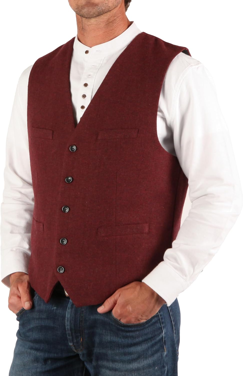 The Celtic Ranch Men’s 50% Wool Tweed Vest, Full Back with Fabric Belt, 4 Pockets, Herringbone Pattern, Grey and Burgundy