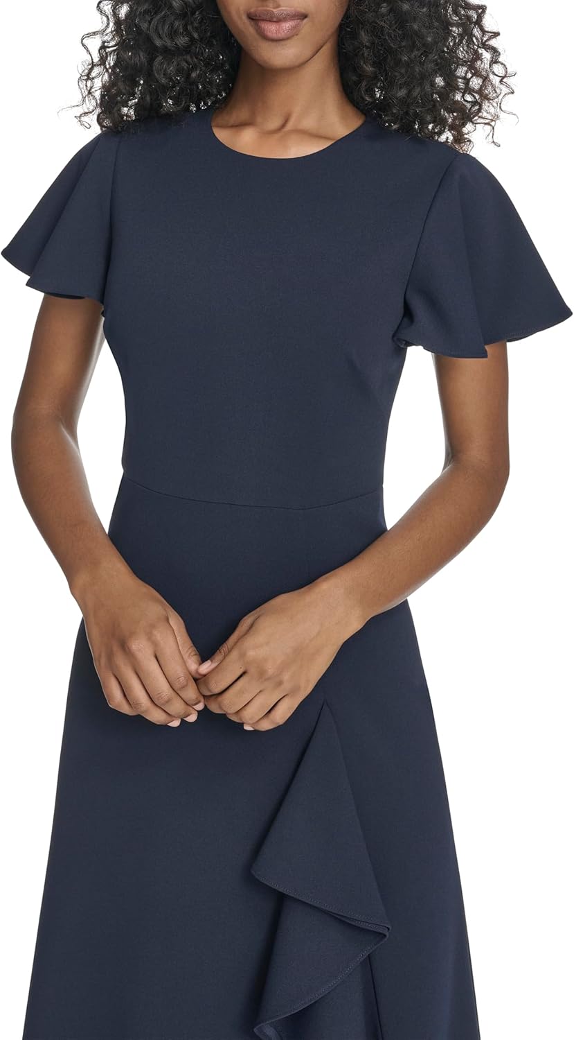 Calvin Klein Womens Shirt Flutter Sleeve Crepe A-line Ruffle Hem Dress - Image 2