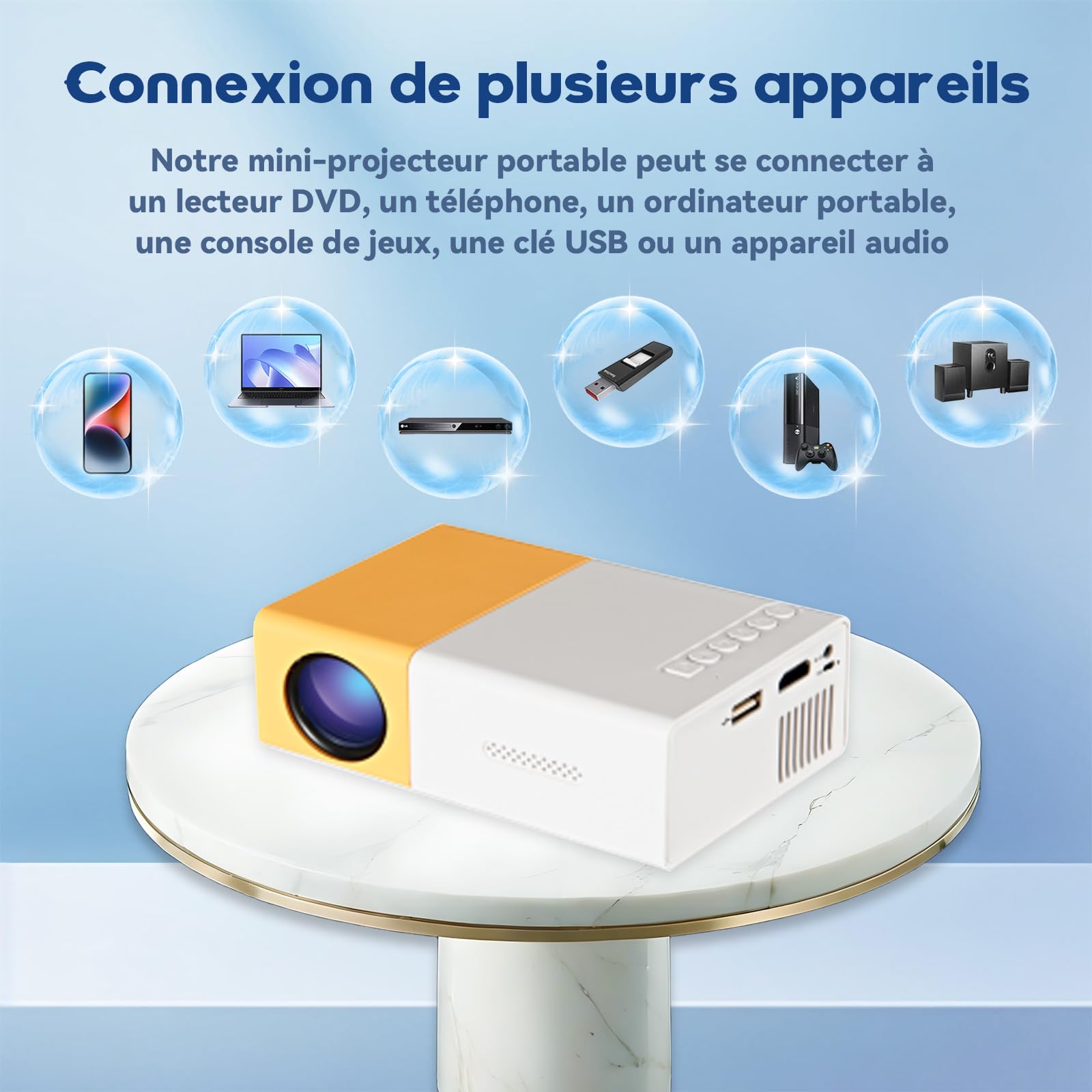 YG300 Mini Projecteur avec entrée HD,Mini Videoprojecteur pour la Chambre&l'extérieur,Videoprojecteur en Charge Une résolution de 320×240 Pixels,Compatible avec Les Smartphones&TV(Blanc et Orange)