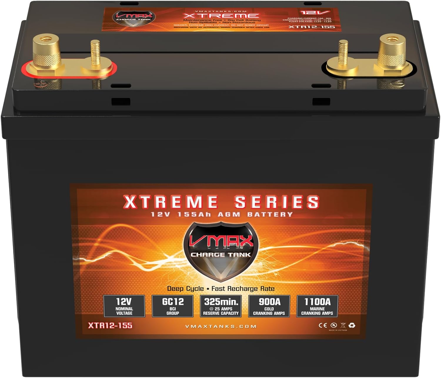 Qty(4) Xtr12-155 Group GC12 Golf Cart 12v AGM SLA Battery, Trojan T1275 Replacement