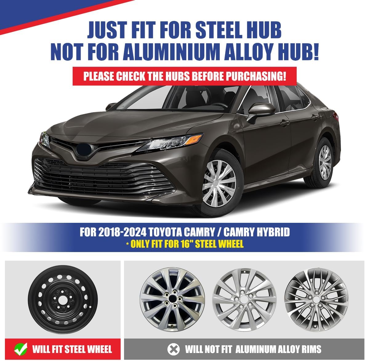 16 Inch Hubcaps Set of 4 Silver Lacquer Wheel Rims Cover R16 Hubcaps for Toyota Camry/Camry Hybrid 2018-2024, ABS & PC Material Snap On Wheel Cover Exterior Replacement Accessories(4-Packs,16-Inch)