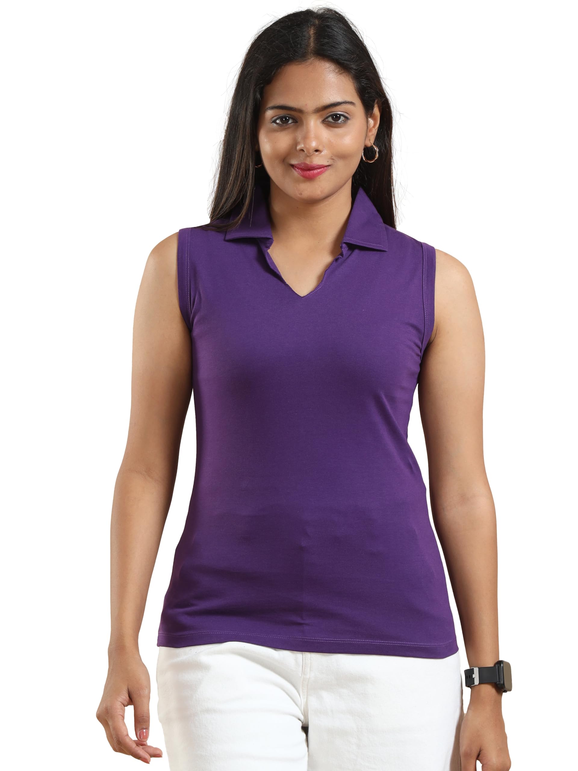 Women's Cotton Casual Sleeveless Top Scallop Polo Neck Collared Tshirt