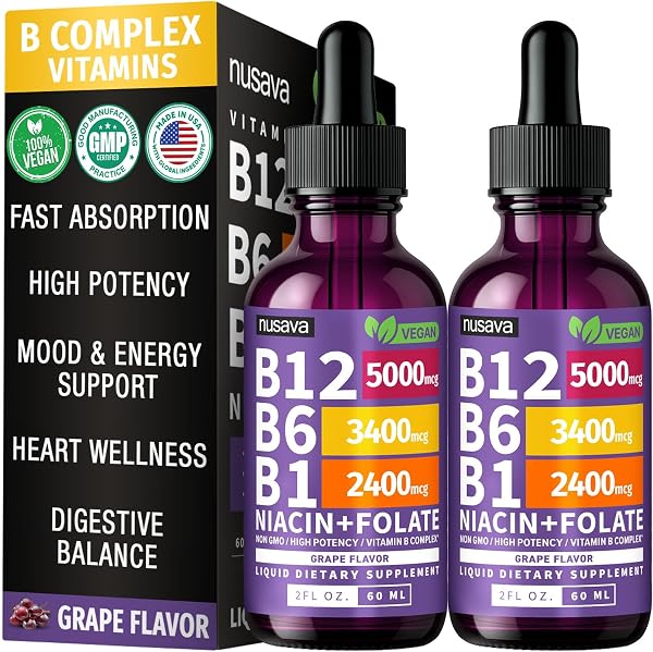 NUSAVA (2 Pack) Vitamin B12 Liquid Drops 5000mcg - B12 Sublingual with B6 & Vitamin B Complex -Methylcobalamin B12 Drops for Women & Men -Vegan Supplement, Non-GMO, Grape Flavor (2 Fl Oz, 80 Servings)