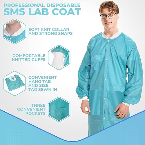 Miniatura 3 de 10 abrigos de laboratorio desechables Abrigo de laboratorio reutilizable duradero de 1.76 oz SMS hasta la rodilla con puños y bolsillos de punto,