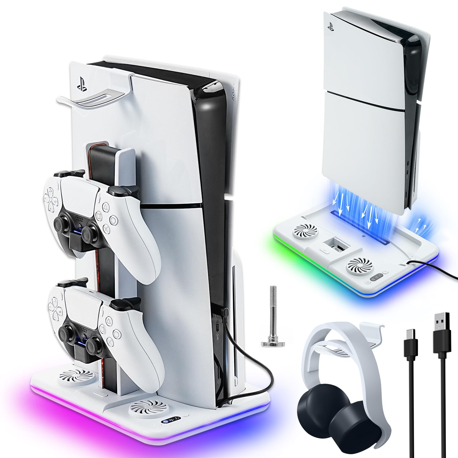 Supporto PS5 Slim con Ventola di Raffreddamento PS5 Slim Stazione di Raffreddamento Supporto con Controller di Ricarica Supporto per Cuffie Luce RGB per PlayStation5 Slim Digital e Disc Edition