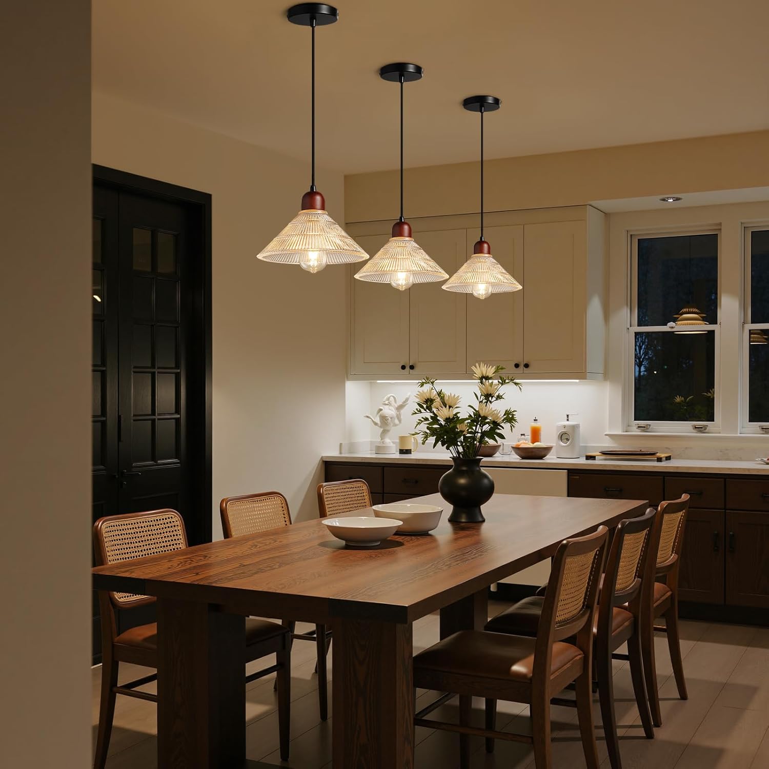 RUIYEY Pendant Lights Kitchen Island: 3 Pack Wood Pendant Light Fixture with Hand Blown Glass, E26 67 inch Height Adjustable Hanging Lights Rustic Farmhouse Modern Chandelier for Dining Room Kitchen Type A 3 Pack