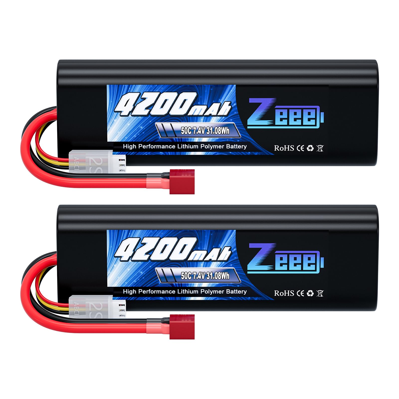Zeee 2S Lipo Battery 4200mAh 7.4V 50C RC Battery with Deans T Plug compatible for RC Hobby RC Car RC Buggy Truggy (2 Packs)
