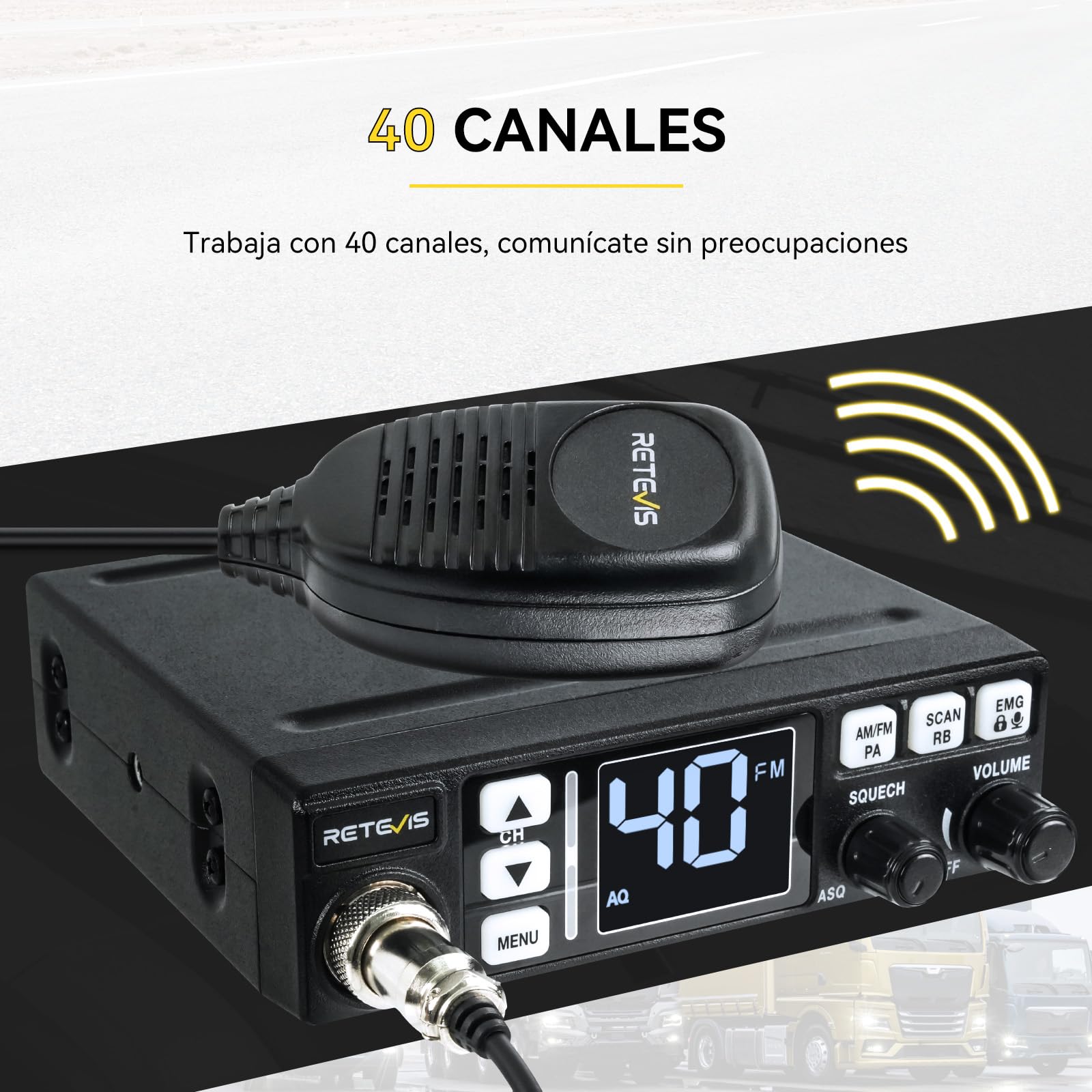 Retevis MB63 Radio CB con Antena, Kit Completo con Función PA | Pantalla LCD, Am/FM, ANL, VOX, SQ/ASQ, EMG CH9/19, Radio CB Móvil para Coche