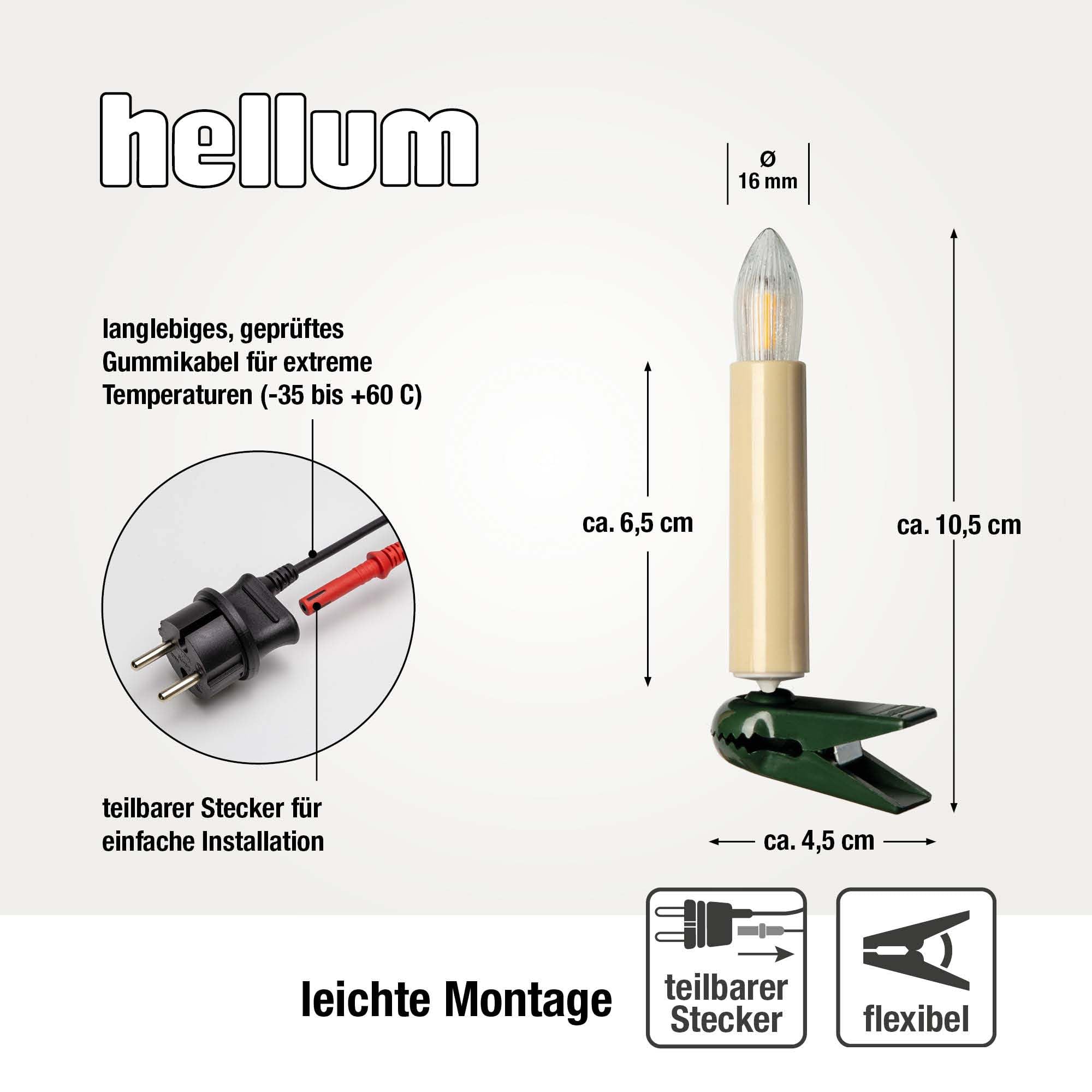 Hellum Lichterkette Weihnachten LED-Filament innen 30 LED, Stecker teilbar | Made in Germany warmweiß, Weihnachtsbeleuchtung mit Clip, 20,30m beleuchtet, Kabel grün für Weihnachtsbaum <59lm 814125