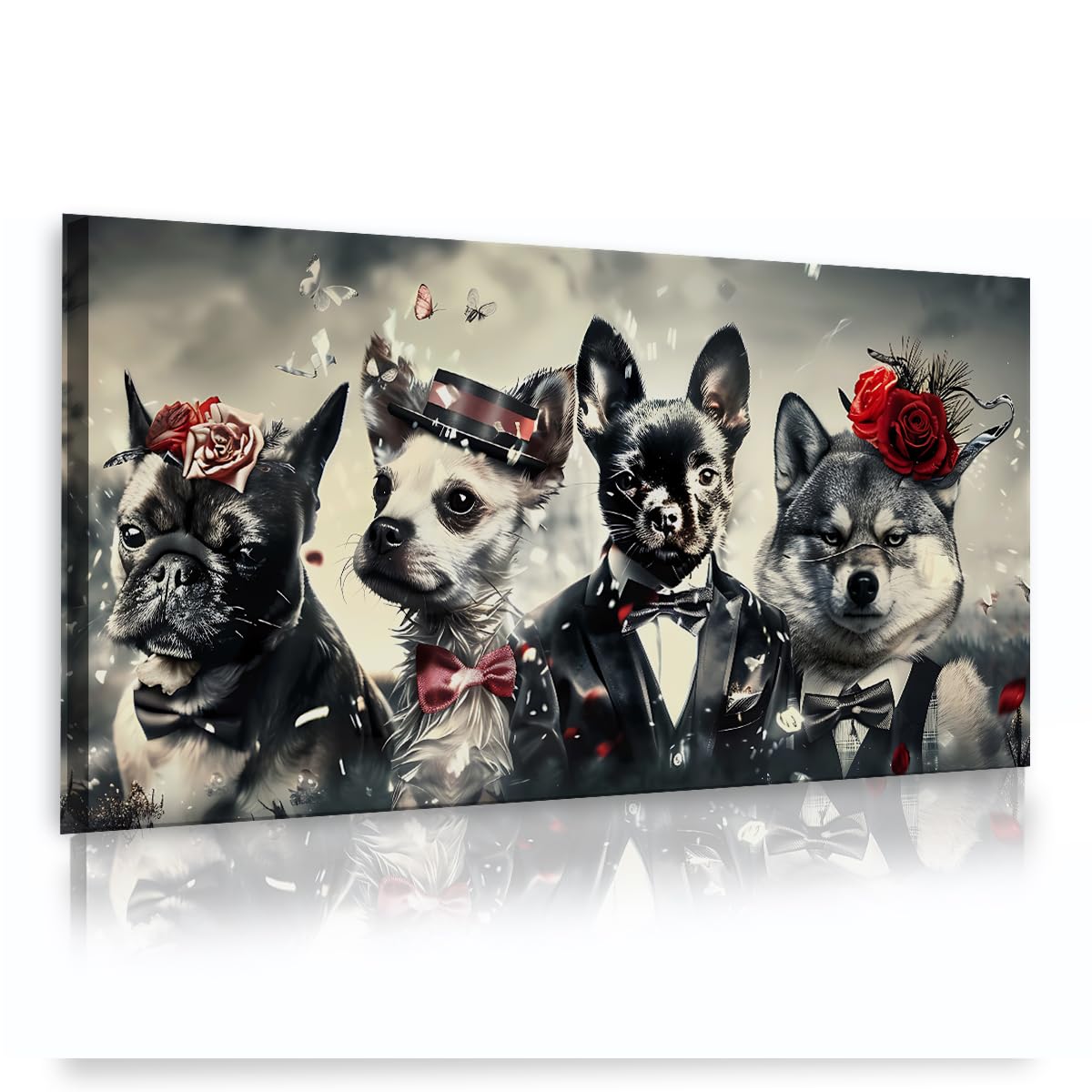 YUNART Funny Dogs Canvas Wall Art Whimsical Puppies Animals Painting Picture for Gothic Living Room Decor Animal Pictures Wall Decor 60x105cm Innerframe