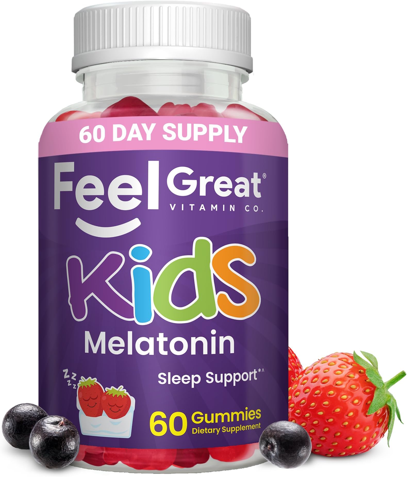 Feel Great Kids Melatonin Gummy | Strawberry Flavored Melatonin Gummies Kids | 1 MG of Melatonin Sleep Aid for Kids | Vegan Gummies | 60 Day Supply