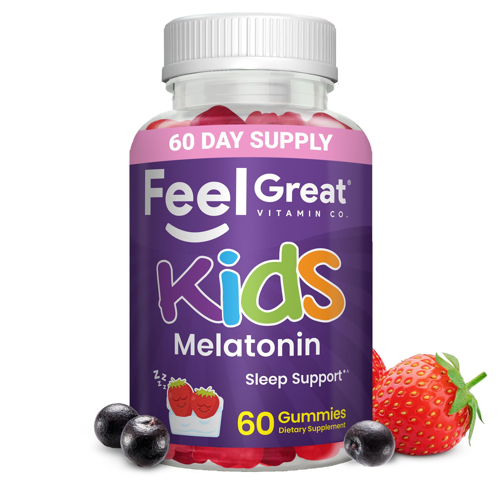 Feel Great Kids Melatonin Gummy | Strawberry Flavored Melatonin Gummies Kids | 1 MG of Melatonin Sleep Aid for Kids | Vegan Gummies | 60 Day Supply