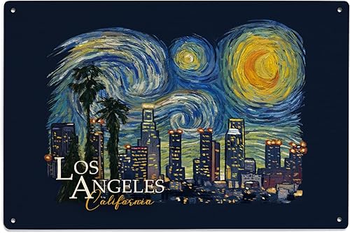 Los Ángeles, California, serie Starry Night City, letrero de pared de madera de abedul de contorno (decoración rústica del hogar de 6 x 9, arte