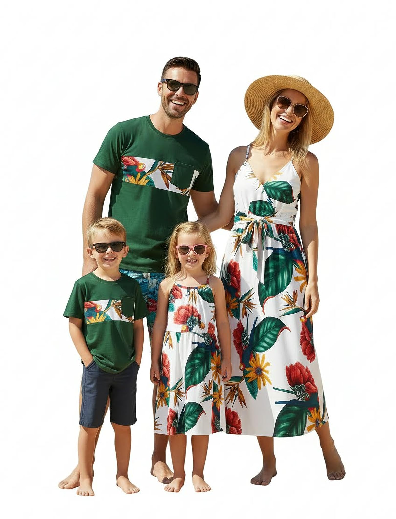 PATPAT Family Matching Outfits Mommy and Me Dresses Hawaiian Tropical Vacation Beach Spaghetti Strap Dress and Shirt