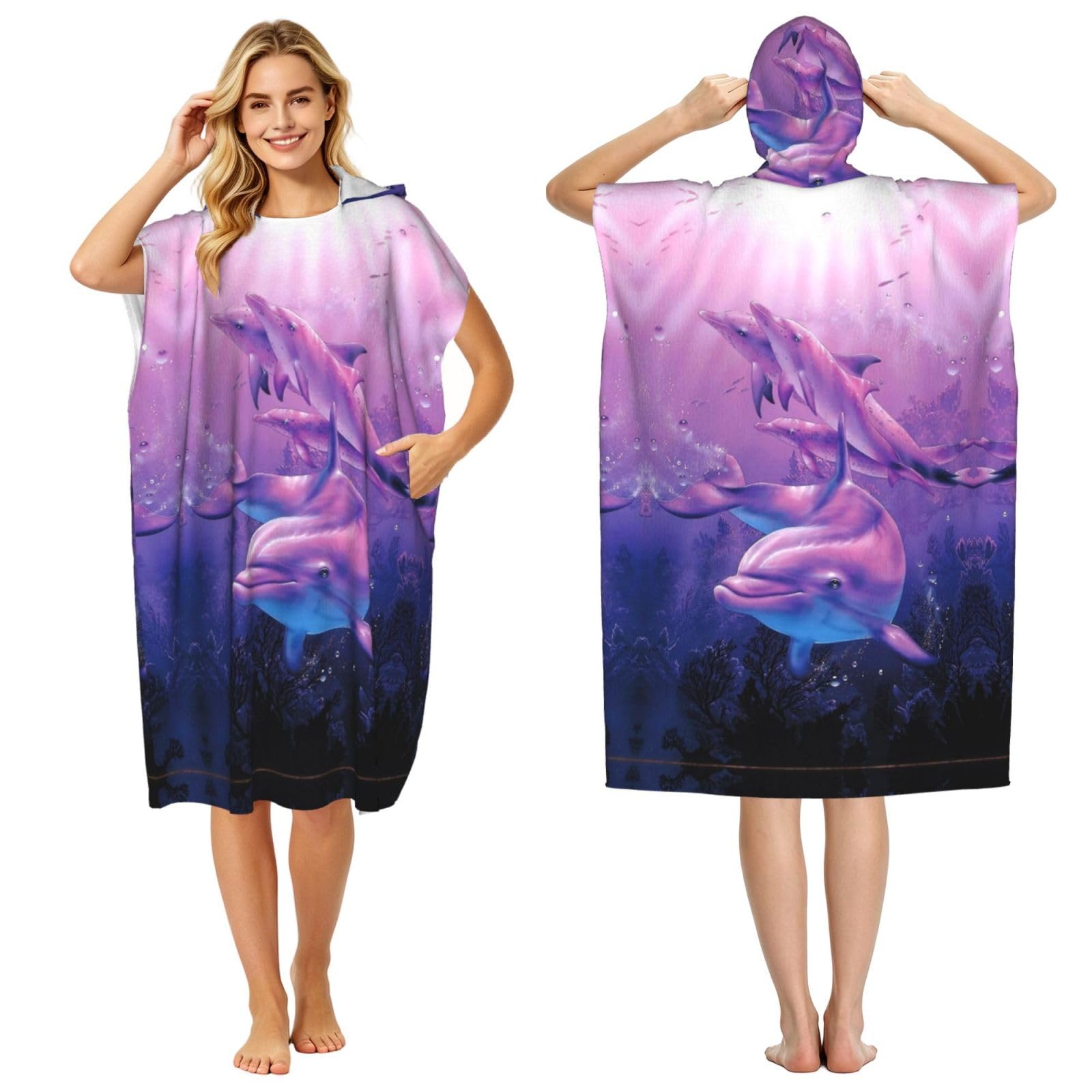 EZDLOWVBA Dolphins Art Print Hooded Poncho Microfiber Beach Towel,Adult Women & Men Changing Robe,Lightweight Summer Surf Swim Bath Poncho Towel