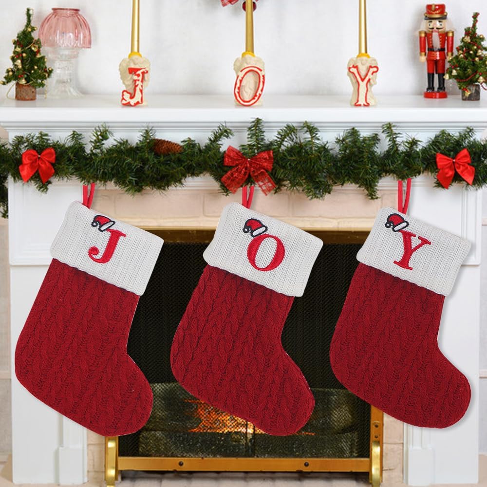 Estivaux Large Christmas Stockings Xmas Fireplace Hanging Stockings Burgundy Red Knit Stocking White Stripes Stockings Gift Holding Bag for Home Christmas Decorations Party Favor Supplies