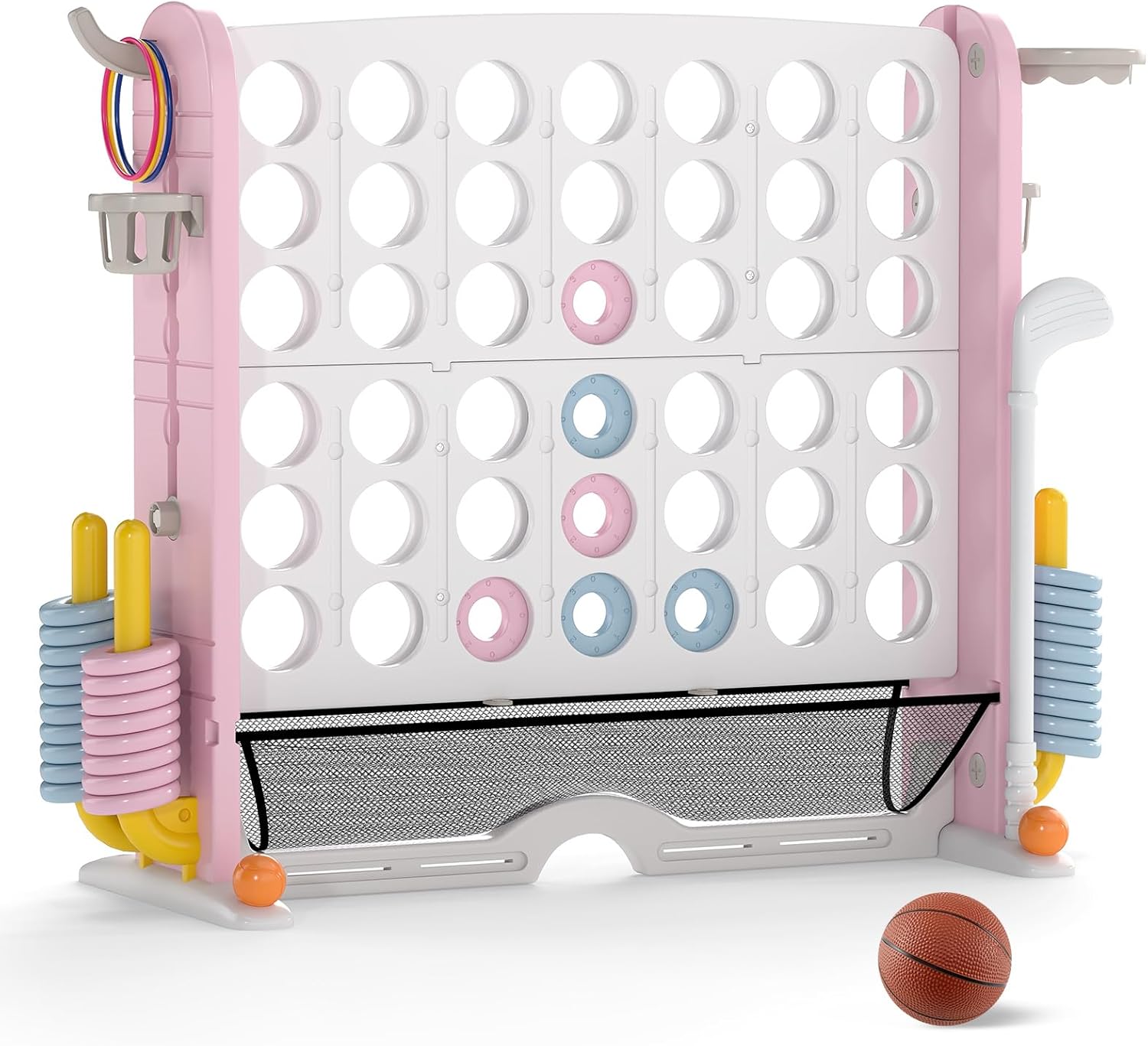 COSTWAY Giant 4 in A Row Connect Game Set, Height Adjust 4-to-Score Game with Mesh, Golf, Ring Toss Sets, Basketball & Cup Holders, Indoor Outdoor Yard Party Game for Kids Adults, Family (Pink)