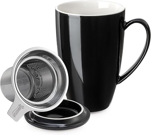 Sweese Taza de té de porcelana de 15 onzas con infusor y tapa, taza de té de hojas sueltas, regalos para amantes del té, color negro