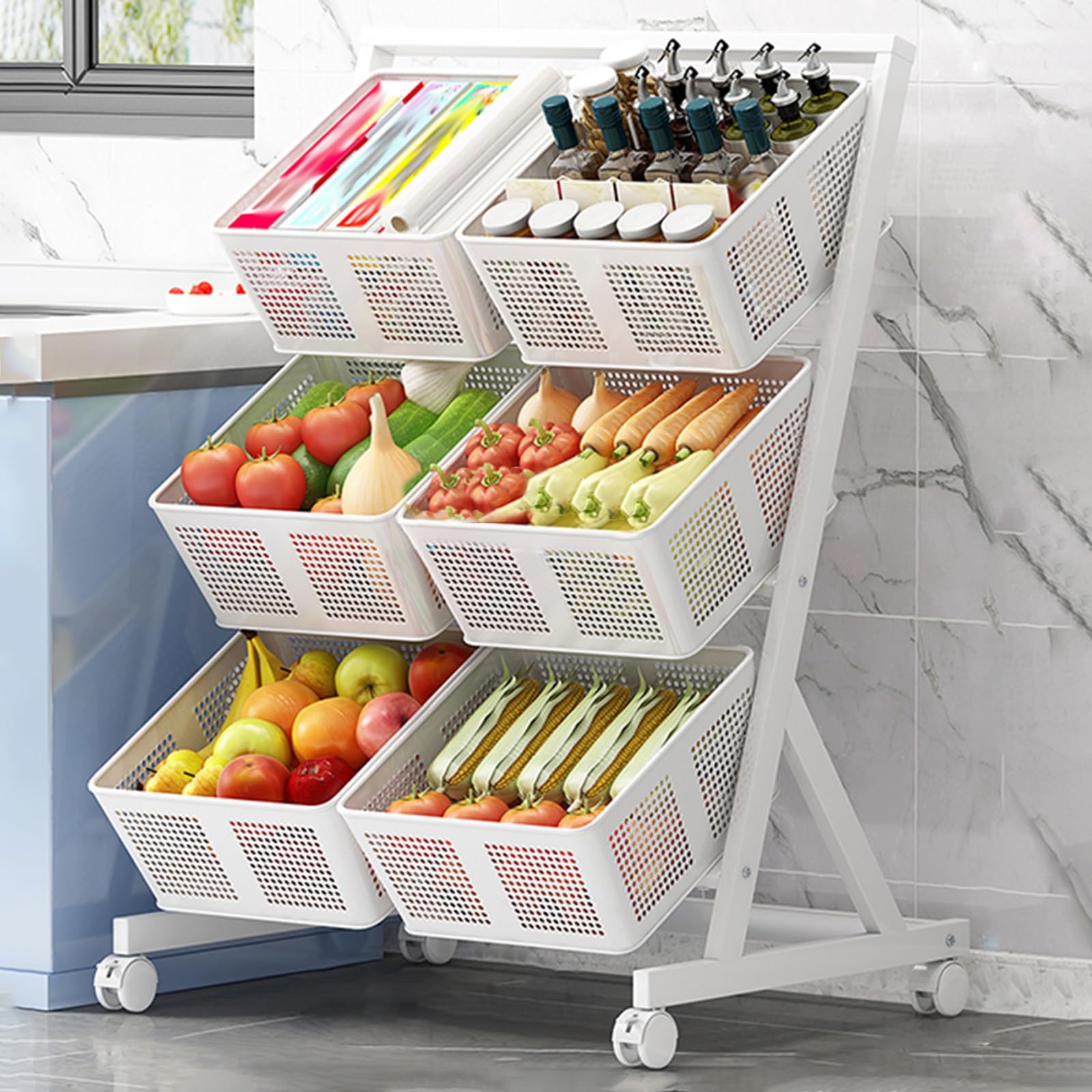 Estante rodante de 3 niveles para frutas con diseño ventilado de gran capacidad