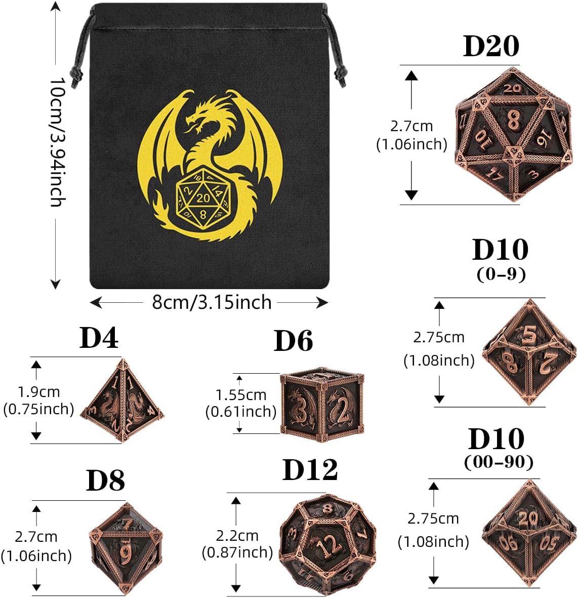 DND Metal Dice Set, Dragon Theme, 7-Piece Polyhedral Metal Dice, Role Playing Board Game Accessories, D&D Gifts with Gift Bag, D20, D12, 2 D10 (00-90 and 0-9), D8, D6 and D4, Red Copper