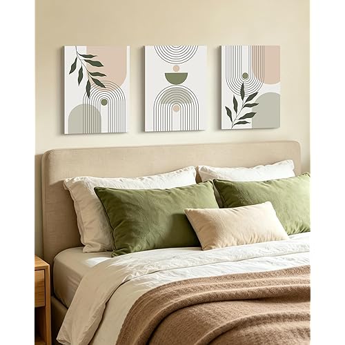 KUVIOKE Green Botanical Boho Framed Wall Art Modern Bohemian Sage Wall Decor Geometry Prints Ready to Hang 12x16in (Framed)