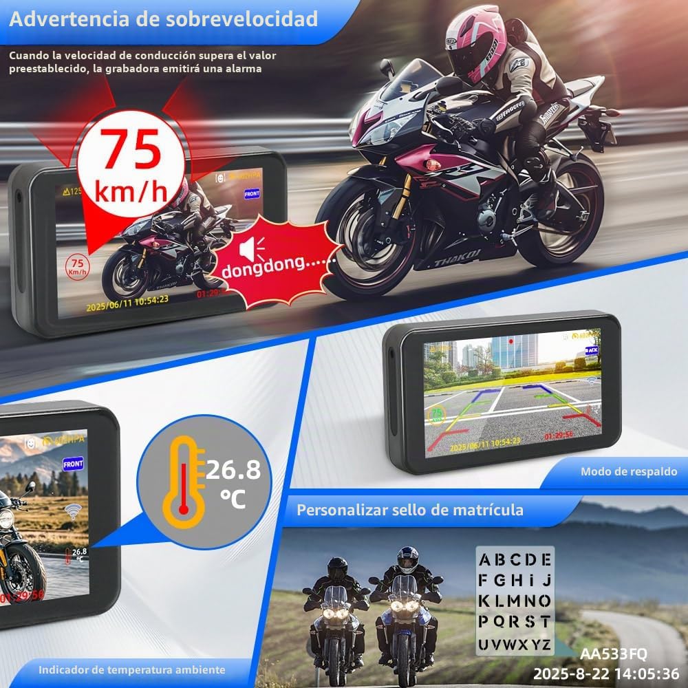 VSYSTO Cámara de Mando de Motocicleta, Pantalla de 4.5 Pulgadas GPS 3CH 1080P cámaras WiFi, Modo Selfie, monitoreo de Aparcamiento, Modo de conducción asistida, Pantalla de Temperatura, Sensor G