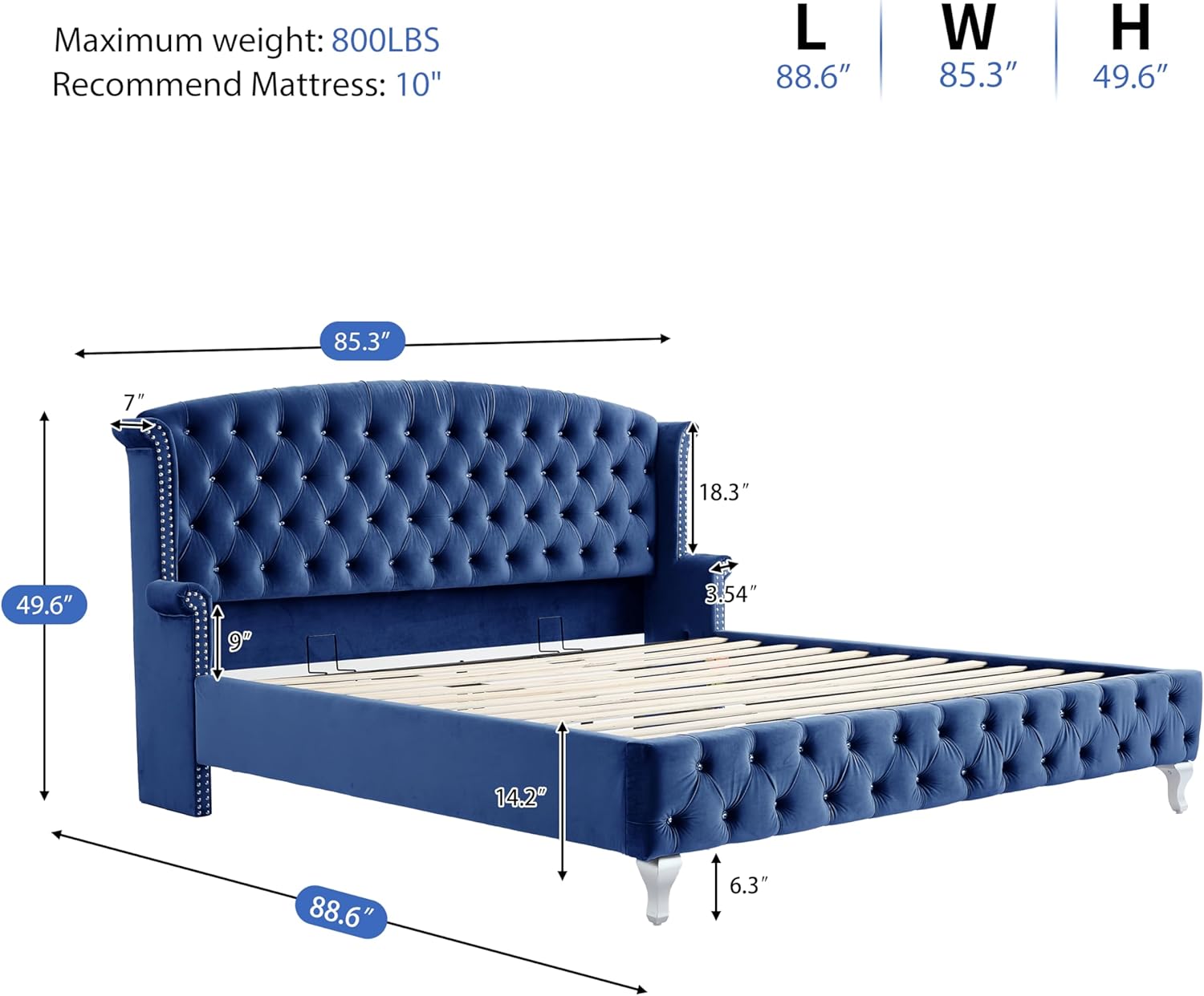 Merax King Size Upholstered Velvet Bed Frame,Heavy-Duty Platform Bed with Wingback Headboard,Deep Diamond Button-Tufted and Nailhead Trim Decoration,No Box Spring Needed,Navy Blue
