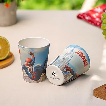 THE BAMBOO CO Kids/Baby Bamboo Drinking Glass Set of 2 | Made of Bamboo | for Milk,Juice,Water,Tea,Coffee | 300 ml | Eco - Friendly | Organic & Natural. (Spiderman)