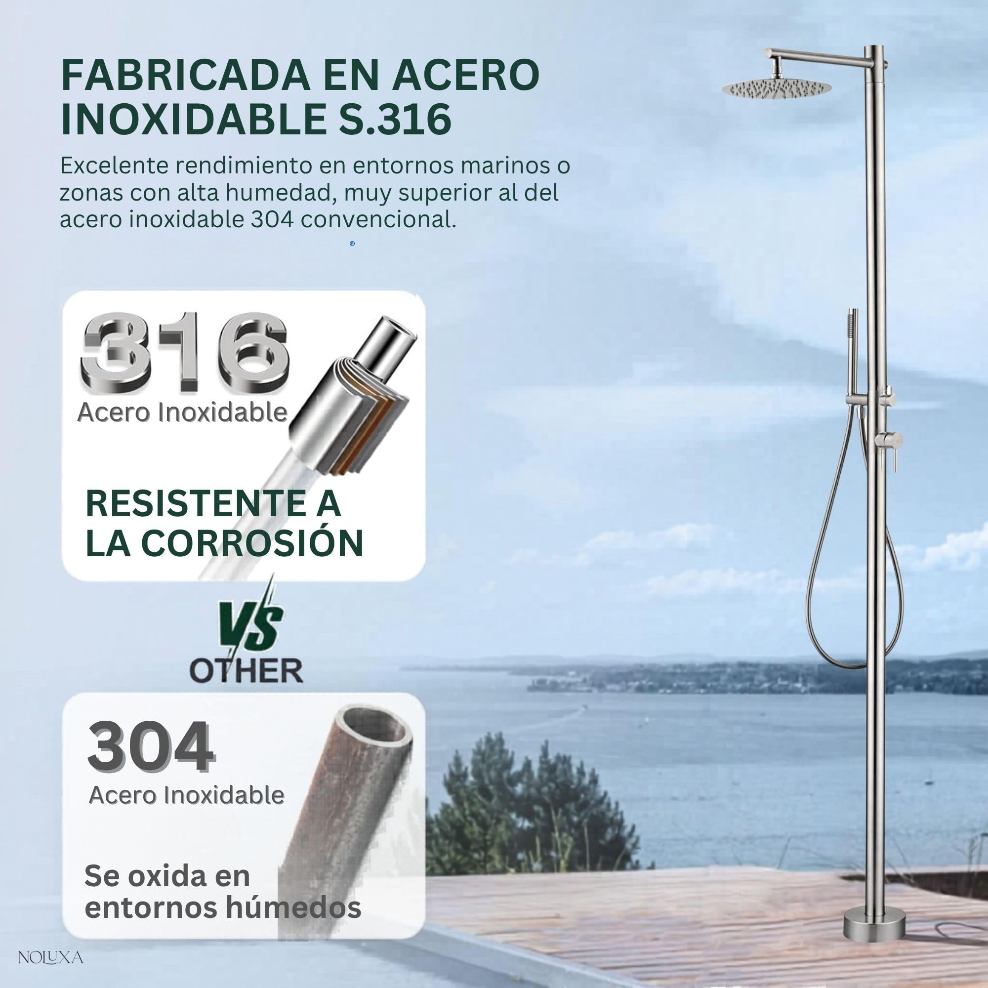 NOLUXA IMEX - Ducha Piscina Exterior Acero S.316 Agua Caliente Fría | Ducha Empotrada Suelo para Jardín, Piscina y Terraza con Alcachofa y Rociador | Grifería Monomando con Doble Entrada