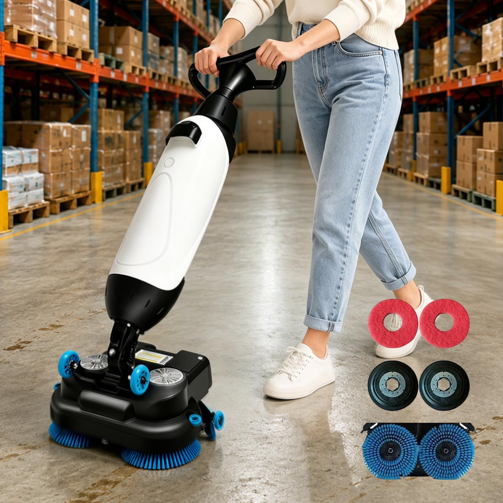 LURECAQING Compact Walk Behind Commercial Floor Scrubber Dryer, Dual Brushes with Dual Pads & Drivers, Cordless, Rechargeable Lithium Battery, 360°Steering Head,17" Scrub Path,for Workshops white
