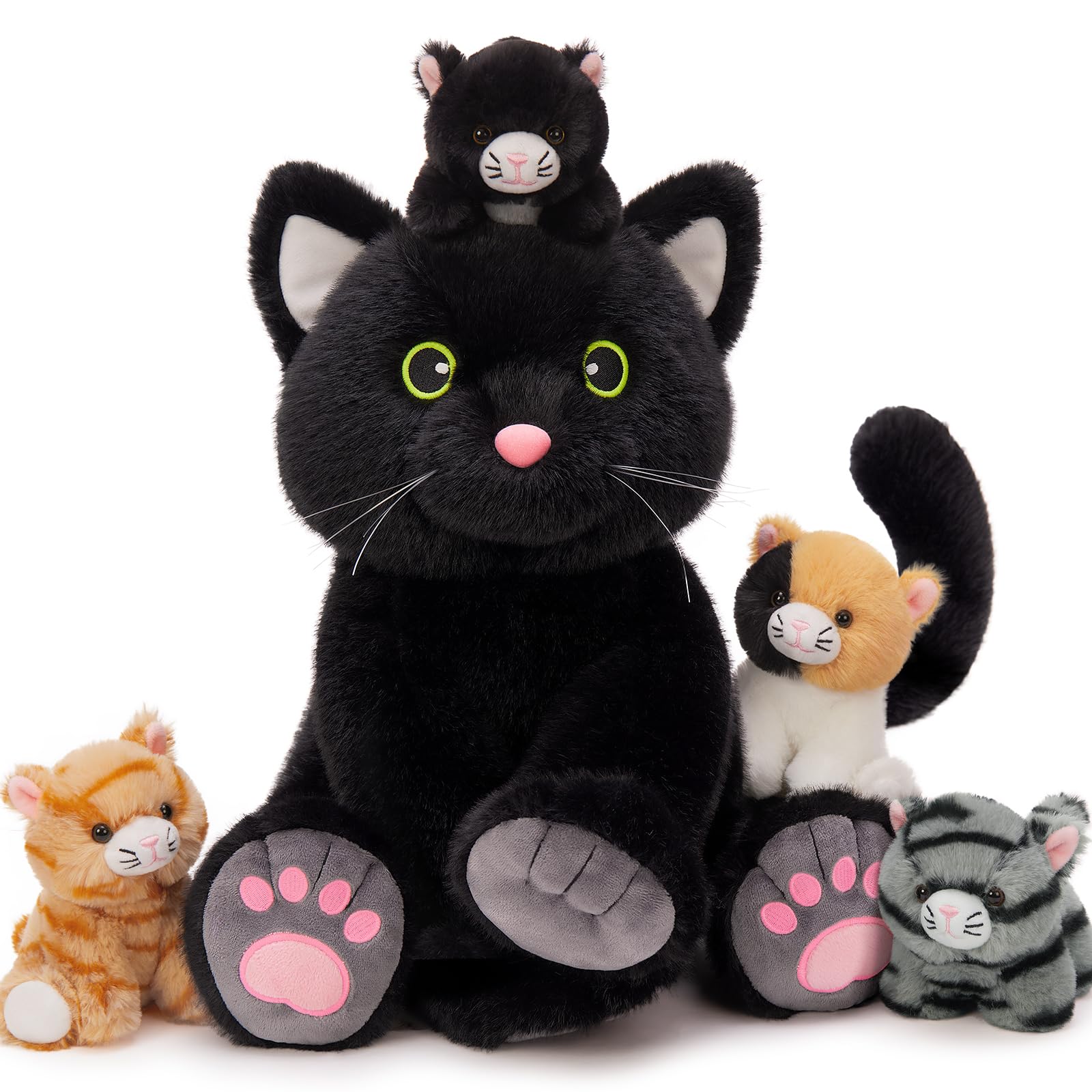 MorisMos Negro Gato Peluches Grande, 40cm Mamá con 4 Kawaii Gatitos Bebés, Realistas Suave Juguete de Peluche Gigante Regalos para Niñas, Niños, Cumpleaños Navidad Deco