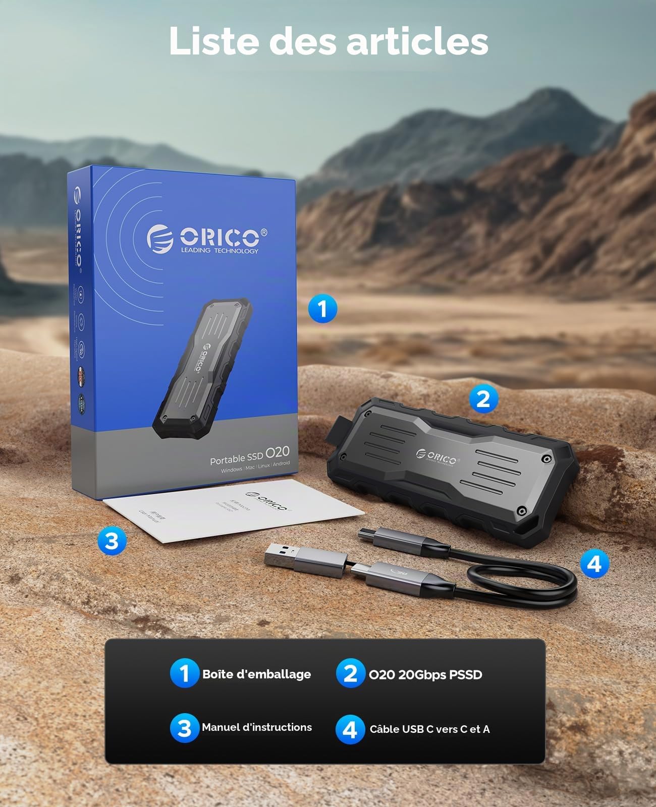 ORICO Extreme Portable SSD 512 Go, USB 3.2 Gen 2x2 Disque Dur Externe Robuste, 2000MB/s en Lecture, 1800MB/s en Écriture, 20Gbps, Idéal pour Les Éditeurs en Extérieur - O20