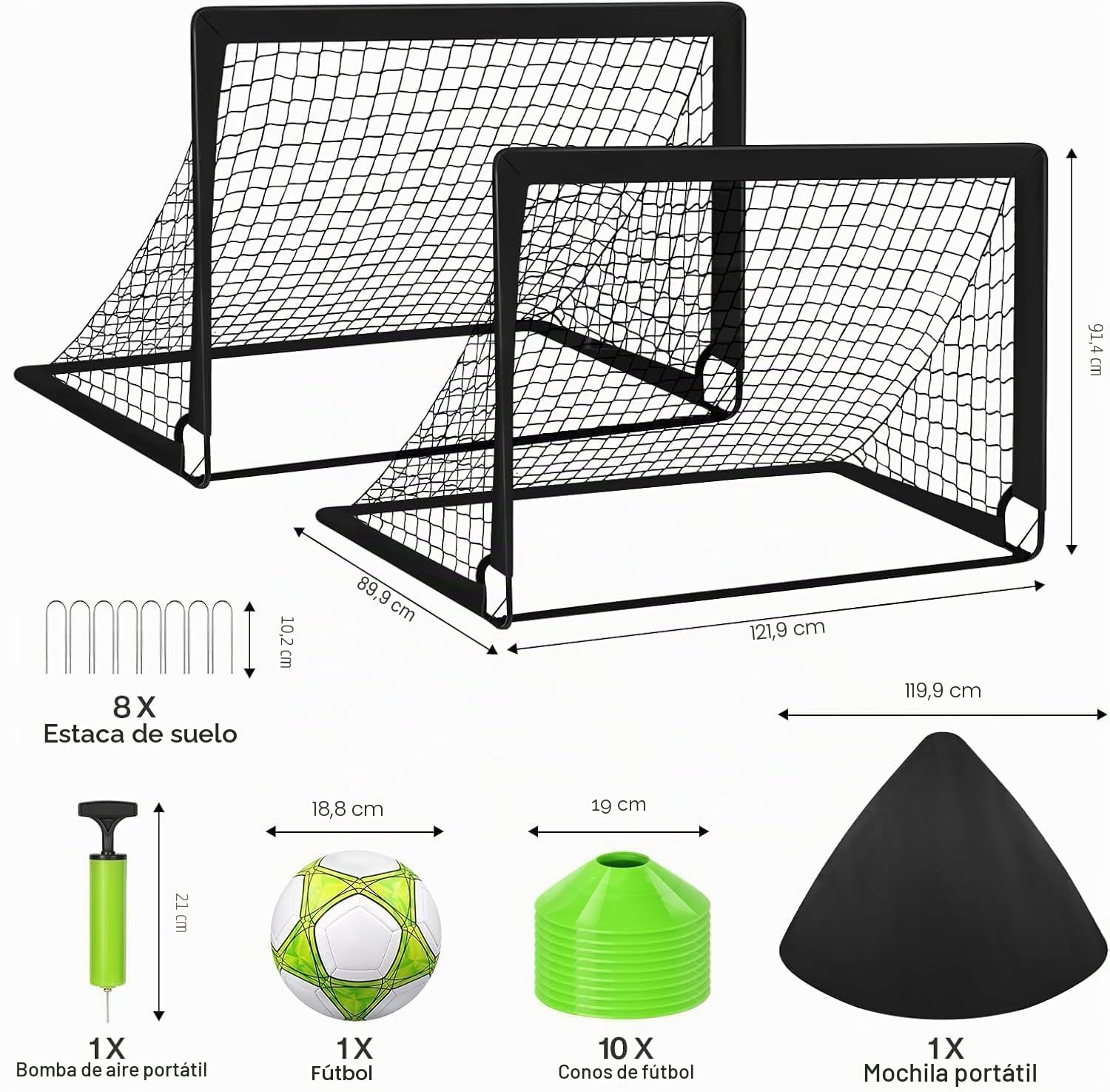 Porteria Futbol Niños para Patio, 2 Porterías de 1,2 x 0,9 m, Portátil, Equipo de Entrenamiento con Balón, 10 Conos, Bolsa de Transporte, Red de Práctica para Jóvenes, Deportes