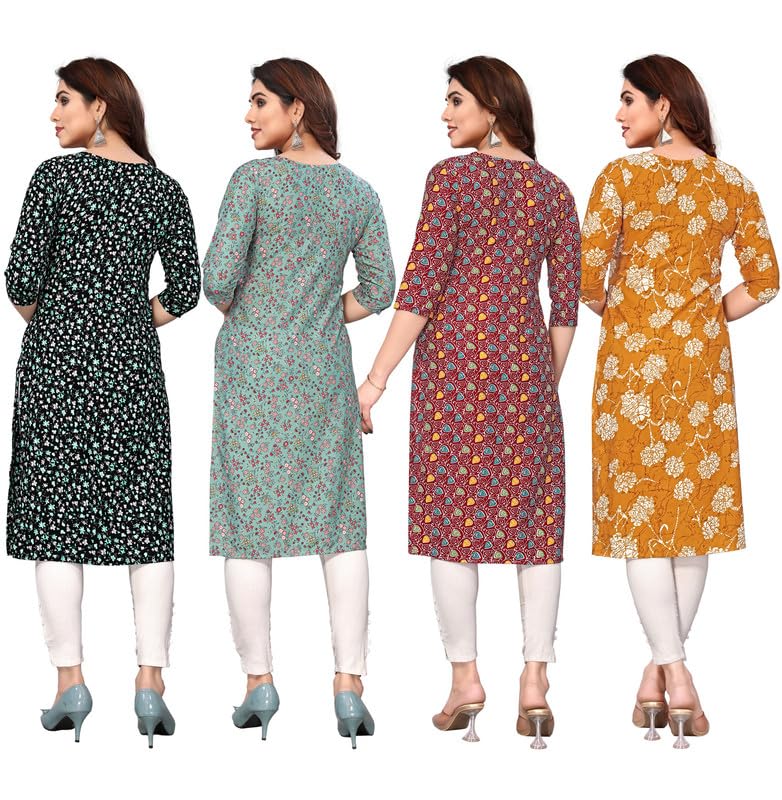 Image of JAKHANA Women's Crepe Printed Casual Straight Calf Length Round Nick Kurta Pack of 4