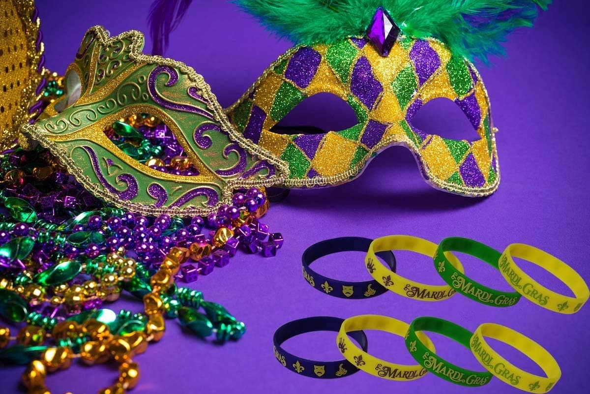 CupaPlay 60PCS Mardi Gras Party Favors Rubber Wristbands - Carnival Birthday Party Supplies Decorations Goodie Bag Stuffers Fillers Silicone Wristband