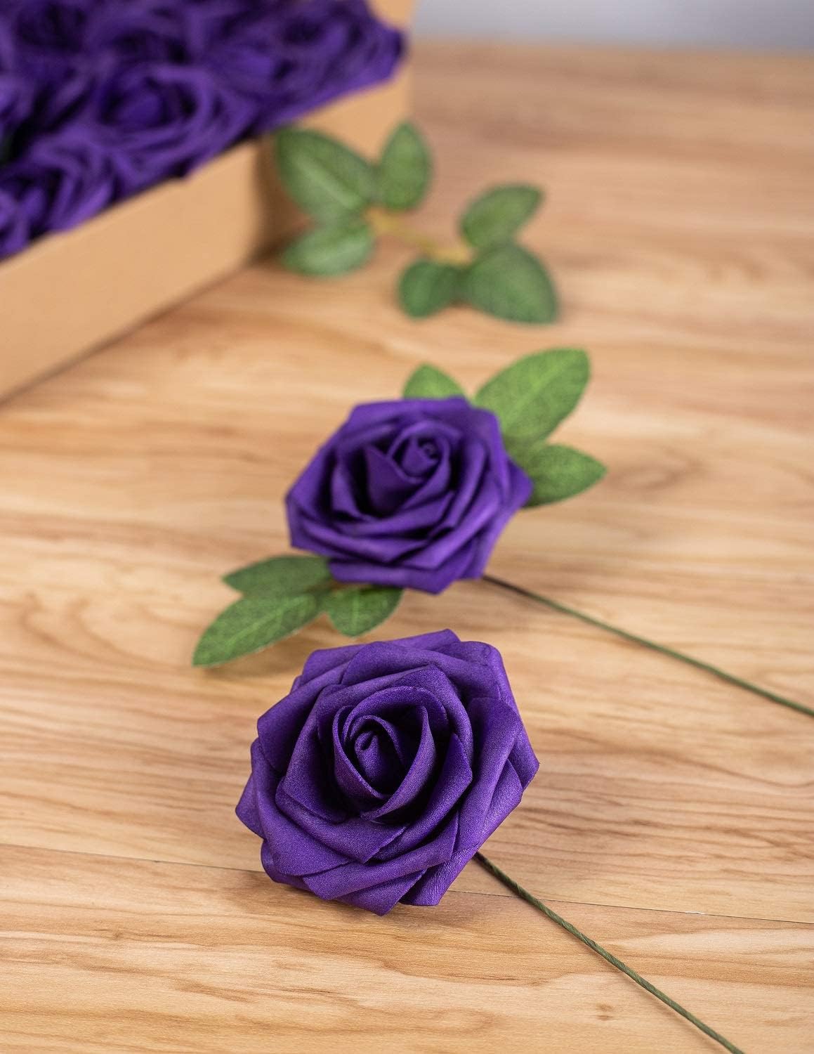 25pcs Artificial Flower Foam Rose Real Touch Roses Flower Heads with Stem for DIY Wedding Bouquets Centerpieces Arrangements Party Baby Shower Home Decor (Purple) - Image 3