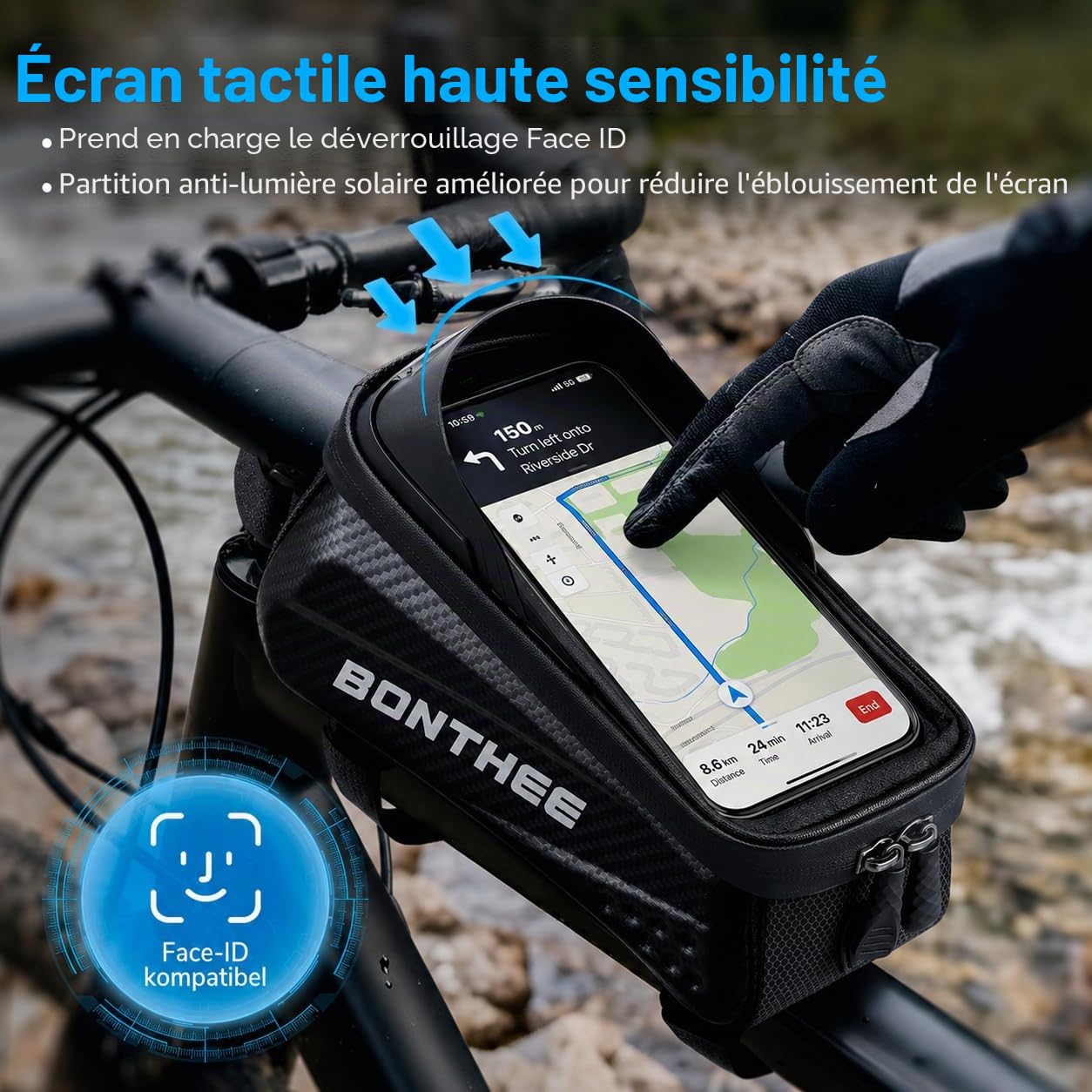 BONTHEE Sacoche Velo Cadre Étanche Sacoche Guidon Vélo pour Smartphone 7'' | Support Telephone Velo Sacoche VTT Route avec Écran Tactile en TPU 3D & Pare-Soleil Anti-reflet du Soleil & Coque Dure en EVA