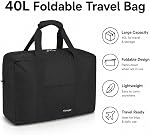 Foldable Travel Duffle Bag with Trolley Sleeve 40L for Men & Women | Lightweight Packable Travel Duffel Bags with the Keyhole Zipper, Weekender Overnight Nylon Carry on Bag, Black