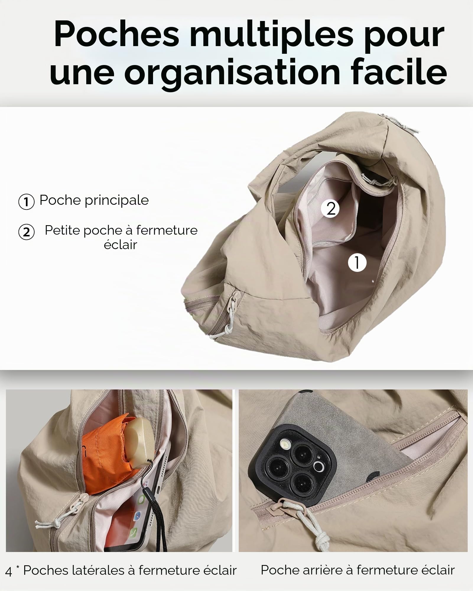 Micmores Sac Fourre-Tout Femme en Nylon Souple - Grand Sac à Bandoulière Drapé - Sac à Main Sous l'Aisselle Style Tote Bag Unisexe Élégant