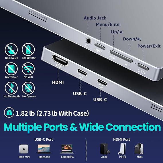 Upperizon Portable Monitor 15.6 inch FHD 85% sRGB 60Hz HDR HDMI USB-C Travel Monitor for Laptop MacBook PC Surface PS5 Xbox, External Display with Cover & Speakers, VESA Compatible