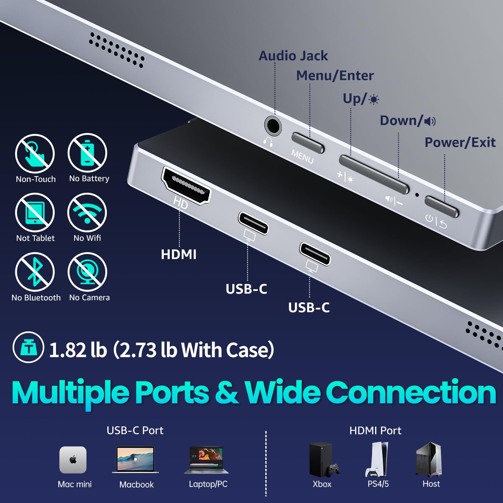 Upperizon Monitor Portatile 15,6" FHD 85% sRGB IPS HDR Schermo Esterno con Smart Cover e Altoparlanti, USB-C HDMI Monitor da Viaggio per Laptop MacBook PC PS5 Xbox, Compatibile VESA